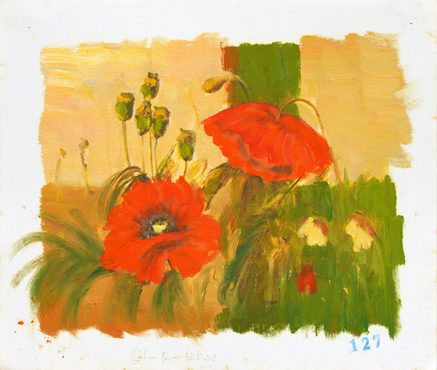 Red Poppy Oil Painting with Green Seed Heads