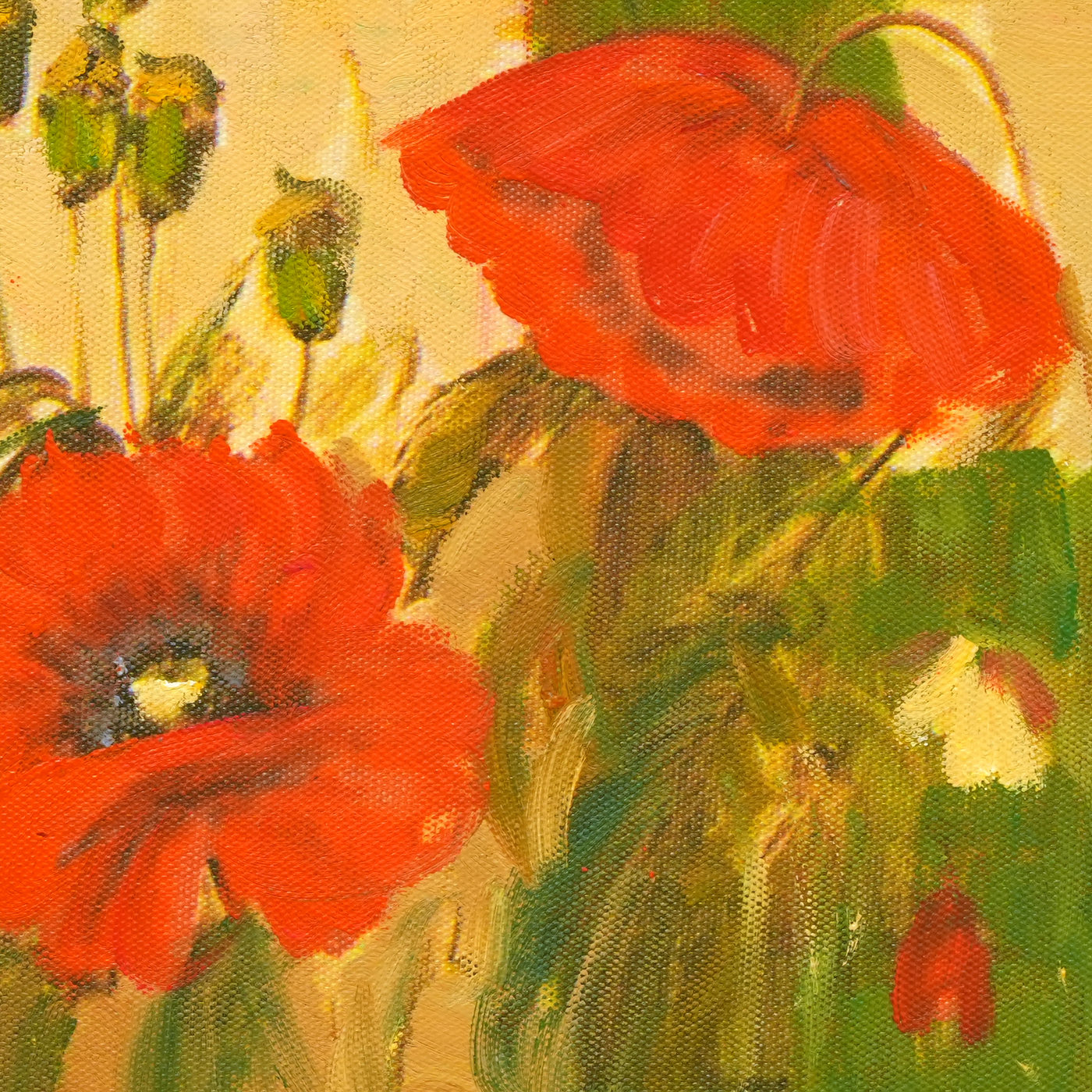 Red Poppy Oil Painting with Green Seed Heads - Brushwork detail