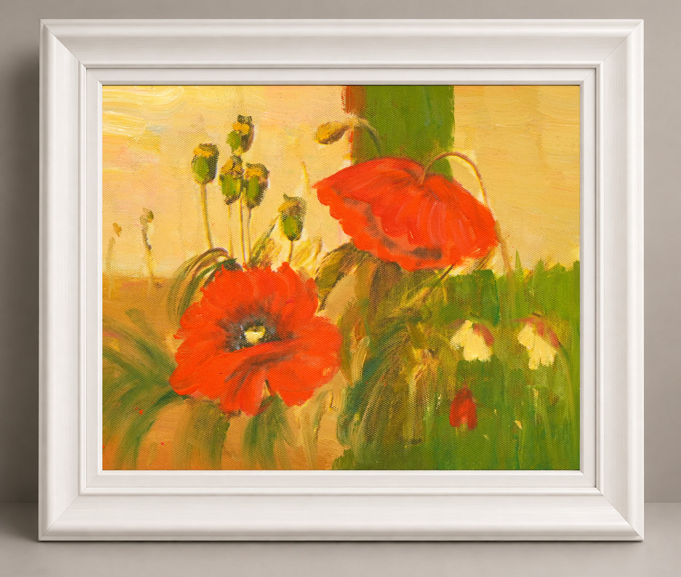 Red Poppy Oil Painting with Green Seed Heads - Frame example
