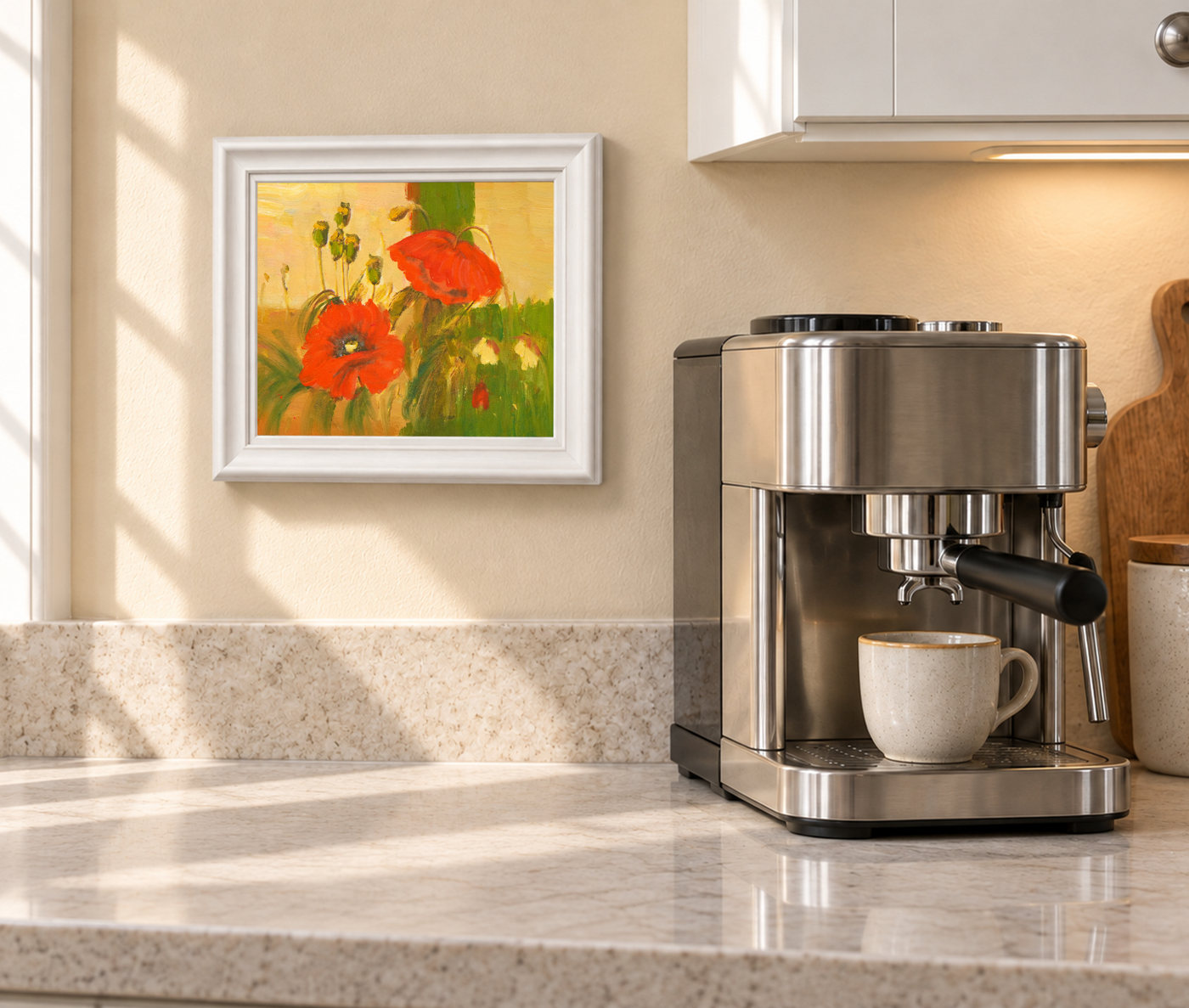 Red Poppy Oil Painting with Green Seed Heads