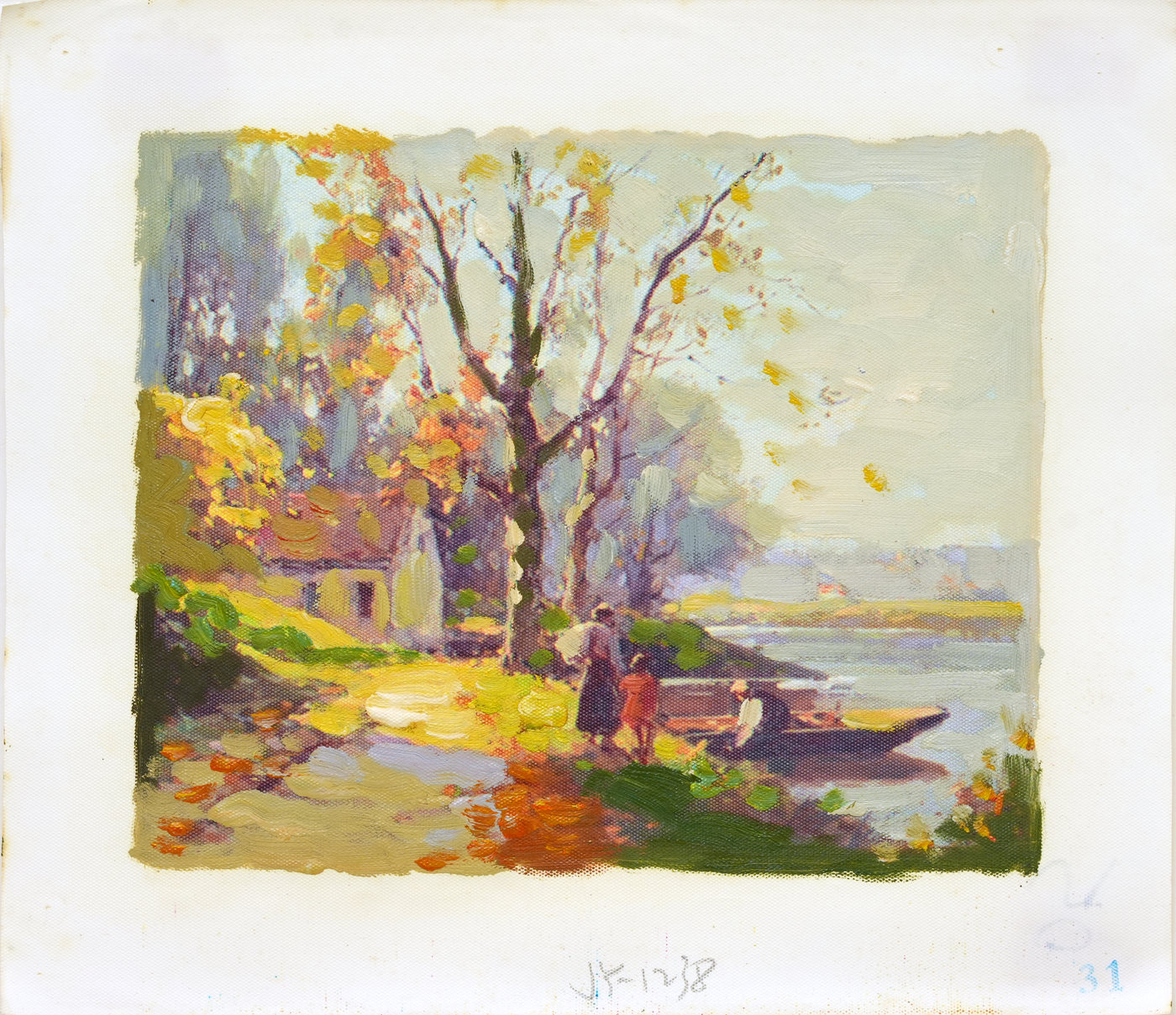 Trees and a Small Boat by the River Oil Painting