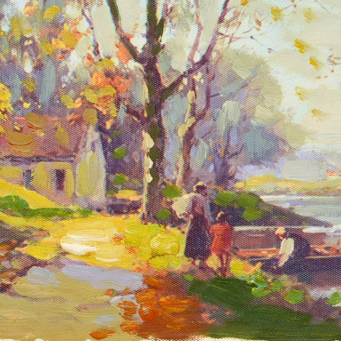 Trees and a Small Boat by the River Oil Painting - Brushwork detail