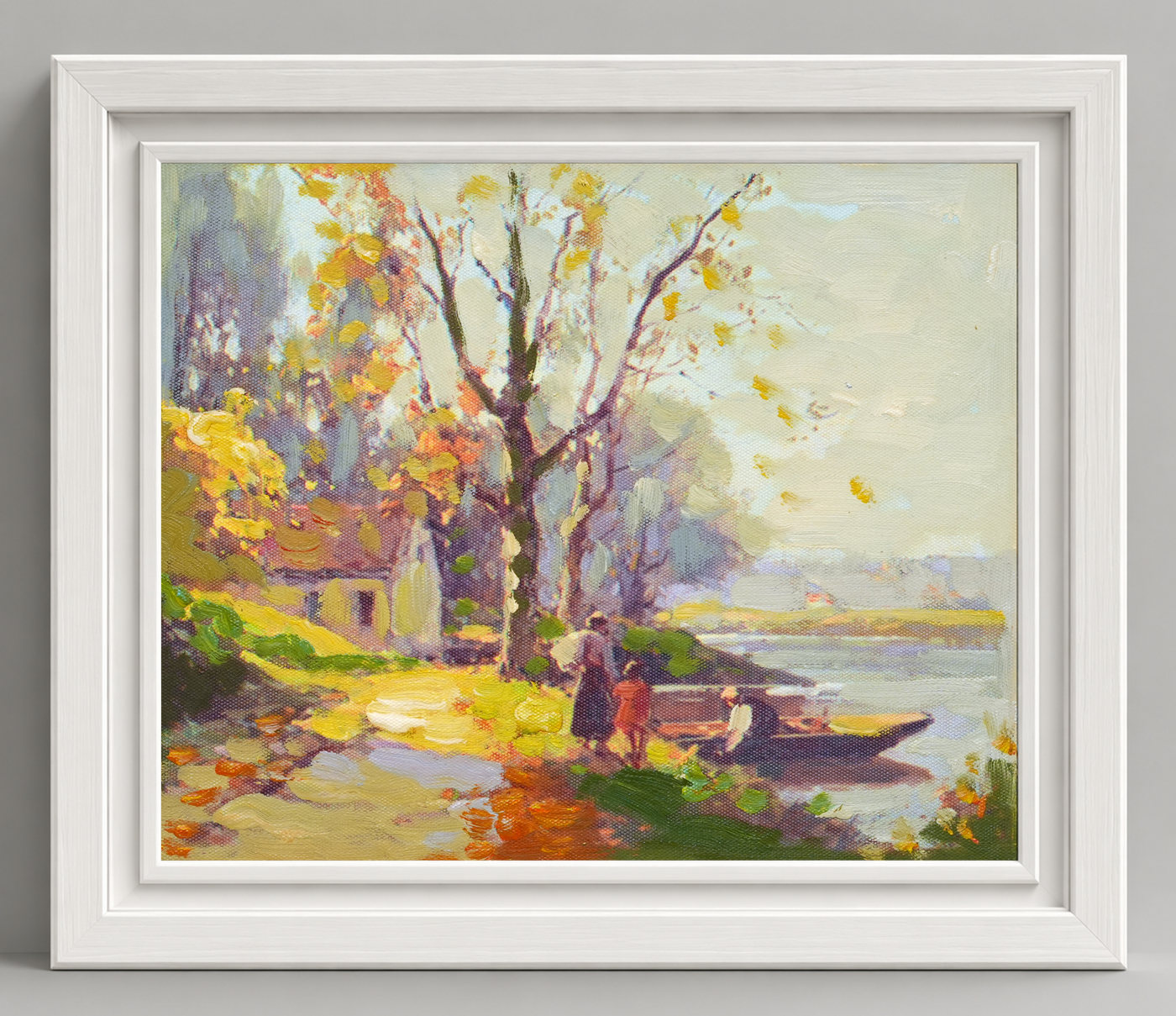 Trees and a Small Boat by the River Oil Painting - Frame example