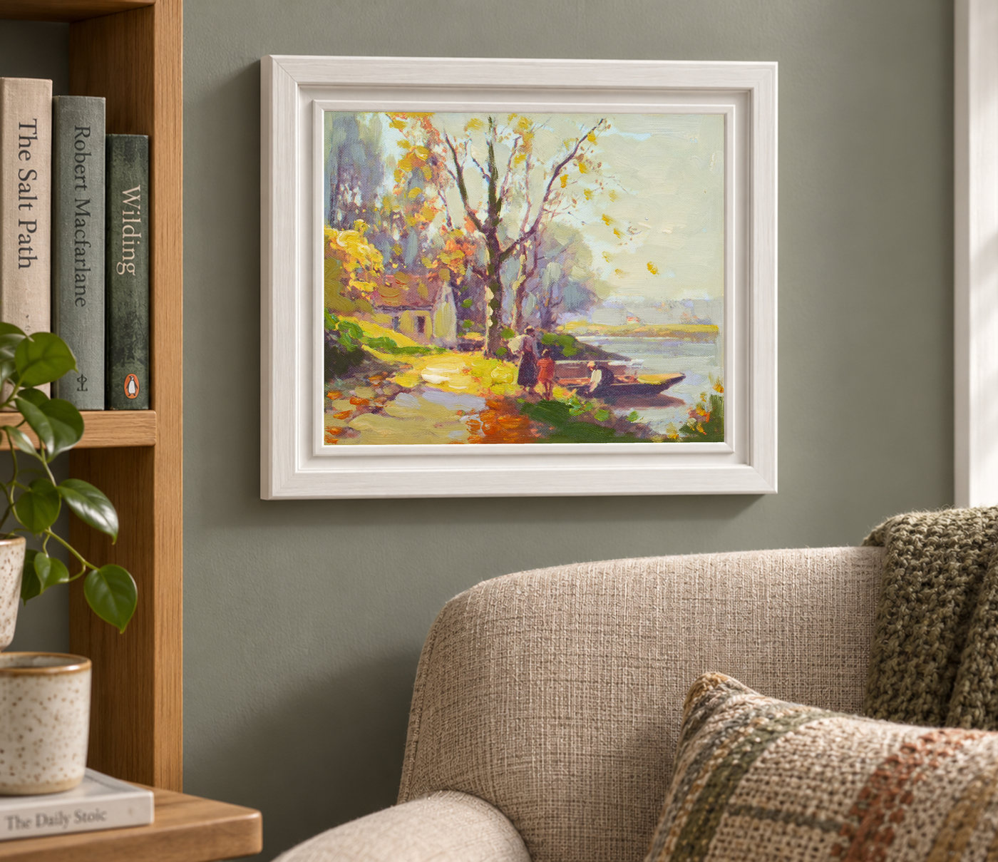 Trees and a Small Boat by the River Oil Painting