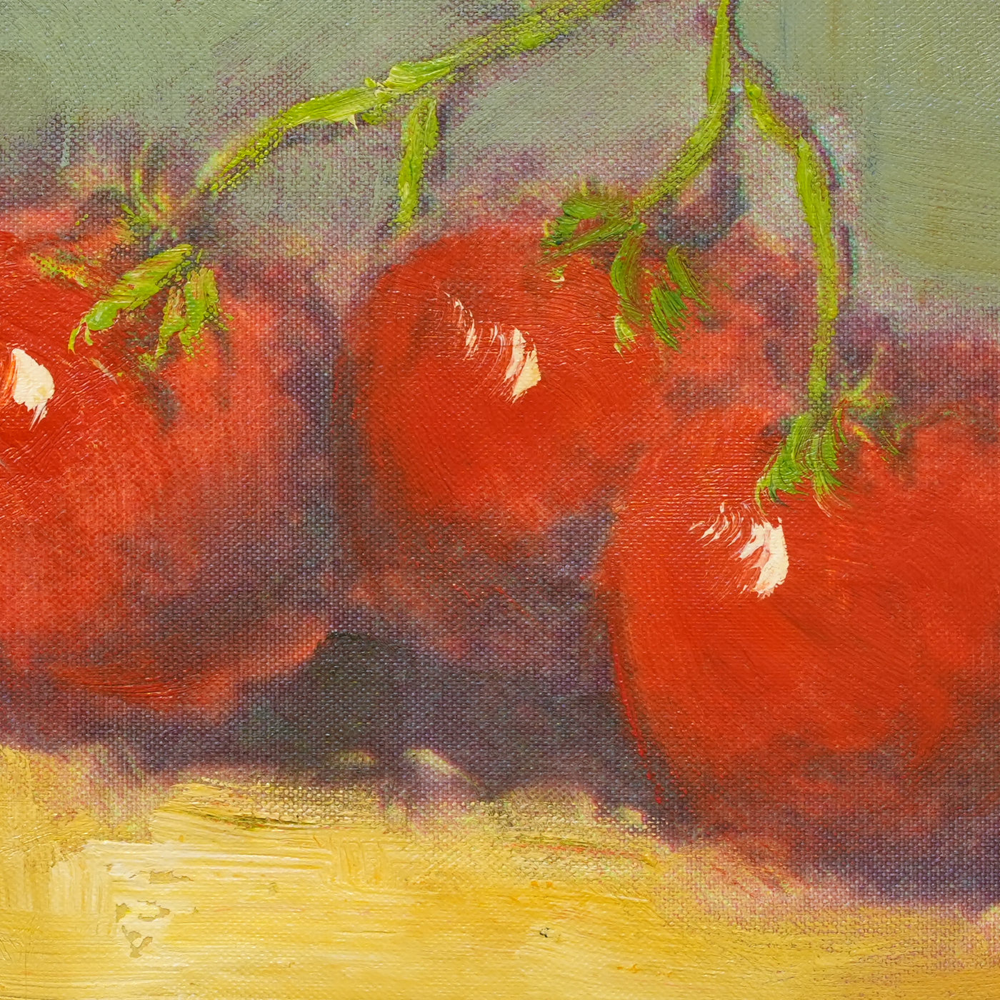 Tomato Still Life Oil Painting on a Yellow Table - Brushwork detail