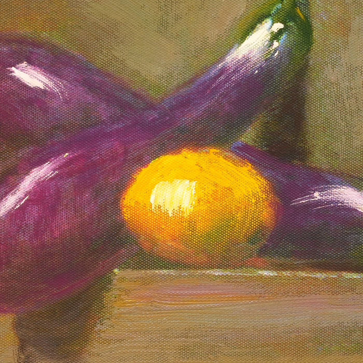 Eggplants and Lemon Still Life Oil Painting - Brushwork detail