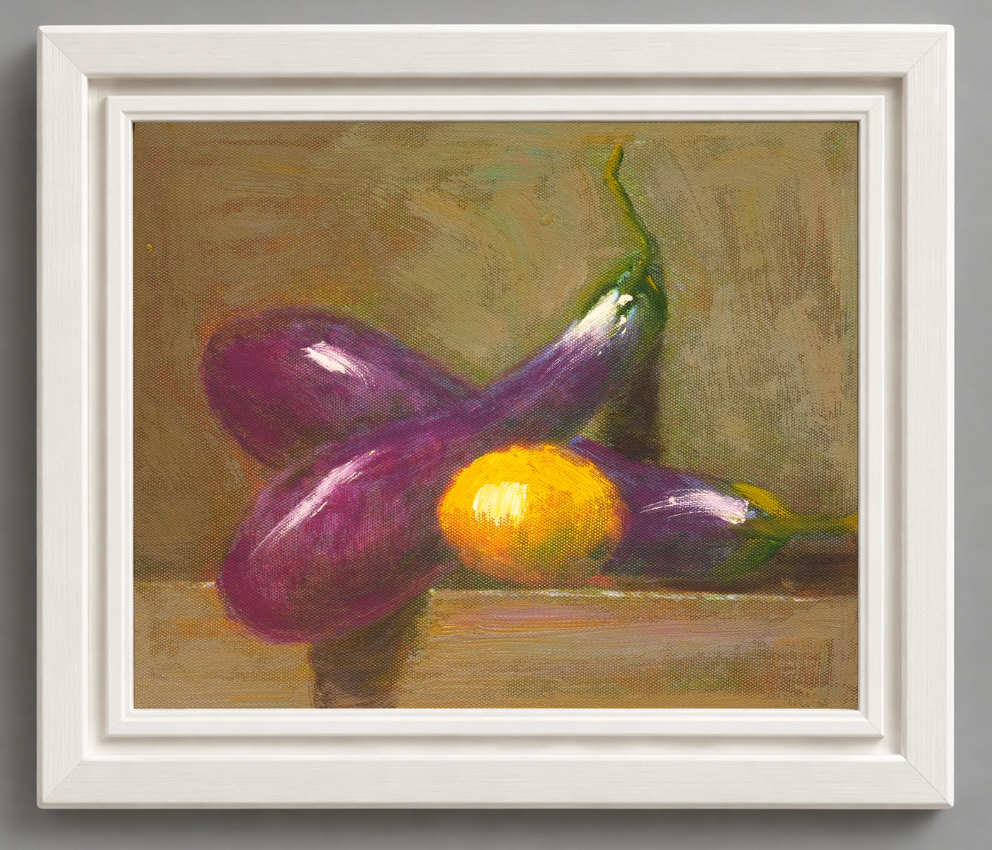 Eggplants and Lemon Still Life Oil Painting - Frame example