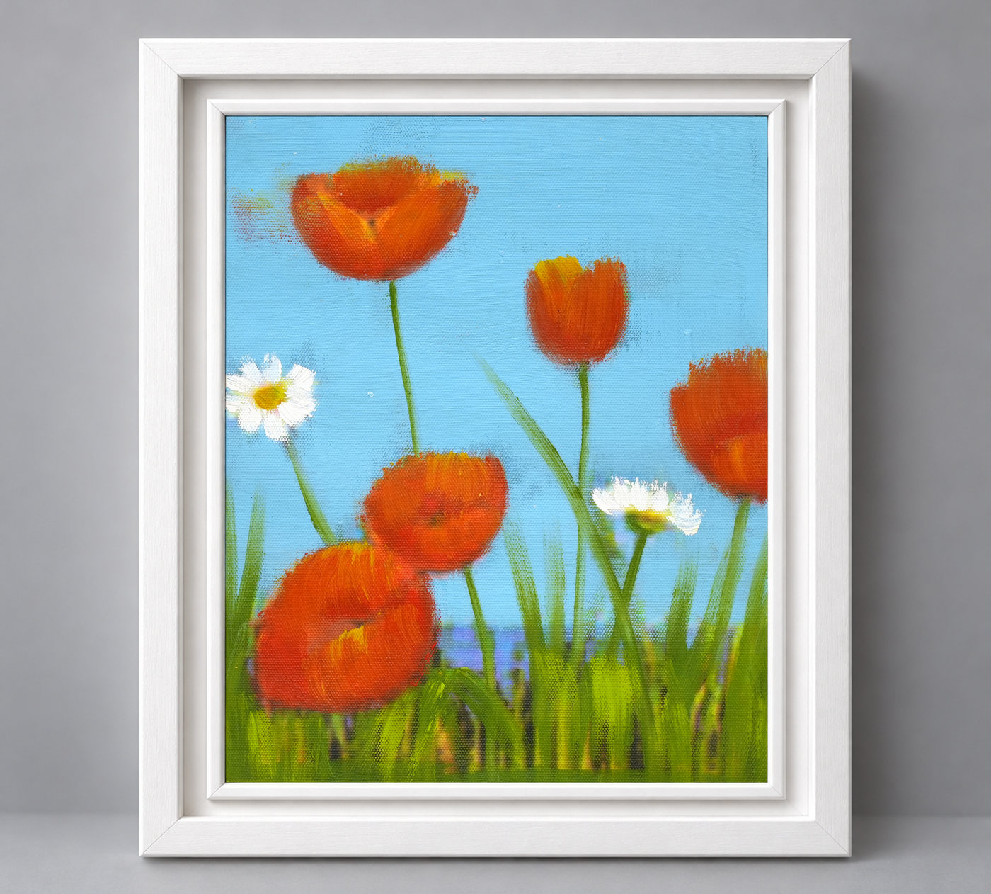 Poppies and Daisies Against Blue Floral Oil Painting - Frame example
