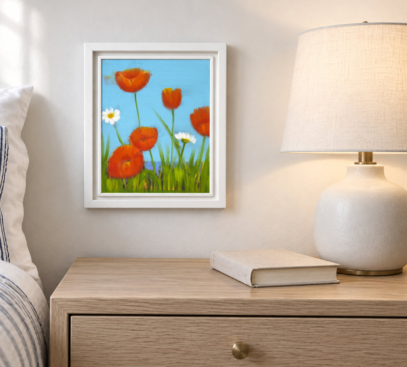 Poppies and Daisies Against Blue Floral Oil Painting