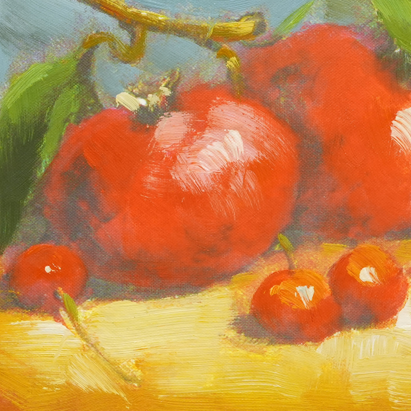 Red Fruit on a Yellow Table Still Life Oil Painting - Brushwork detail