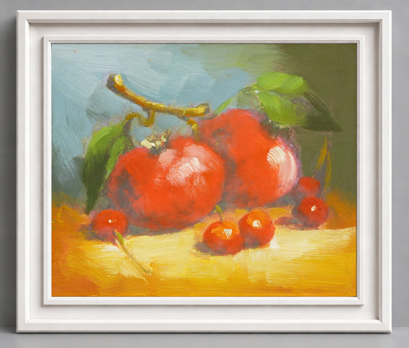 Red Fruit on a Yellow Table Still Life Oil Painting - Frame example
