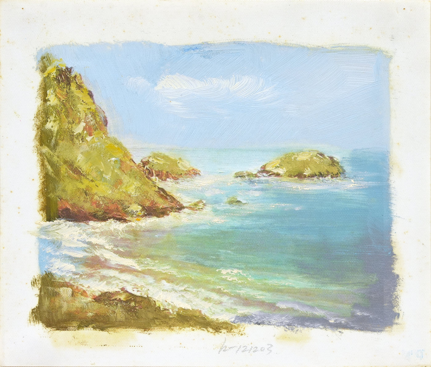 Blue Water and Rocky Cove Coastal Oil Painting