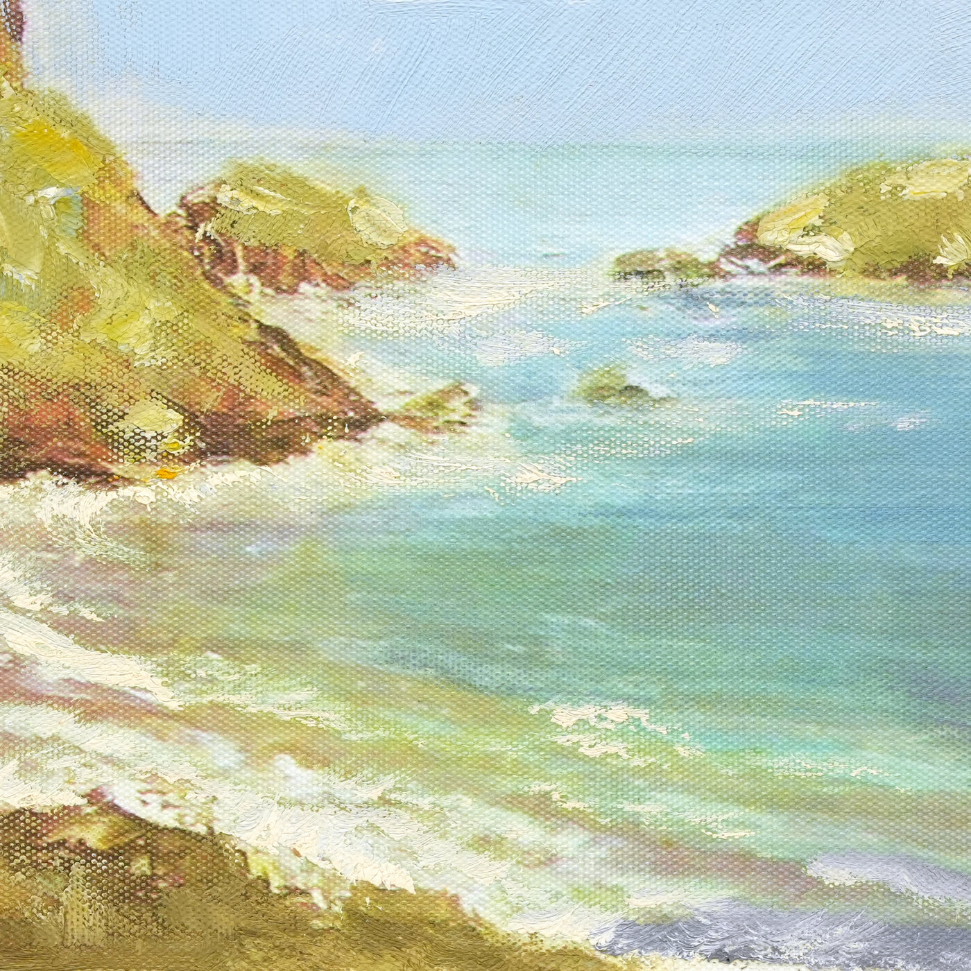 Blue Water and Rocky Cove Coastal Oil Painting - Brushwork detail