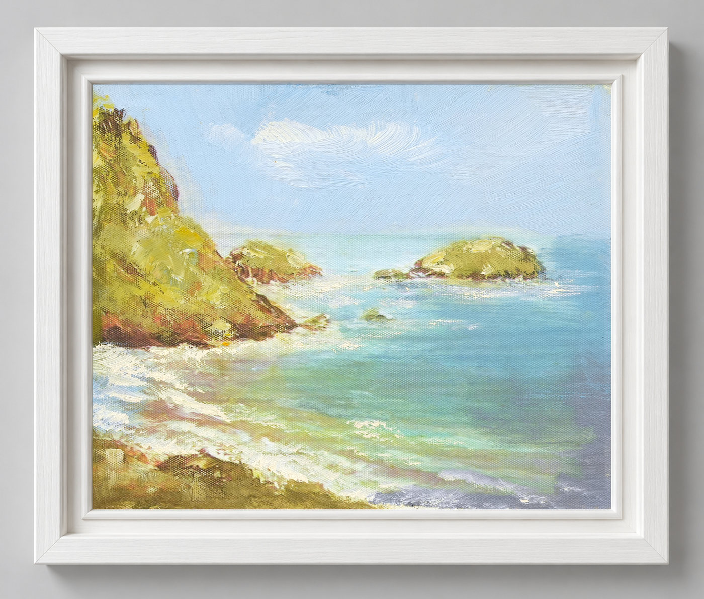 Blue Water and Rocky Cove Coastal Oil Painting - Frame example