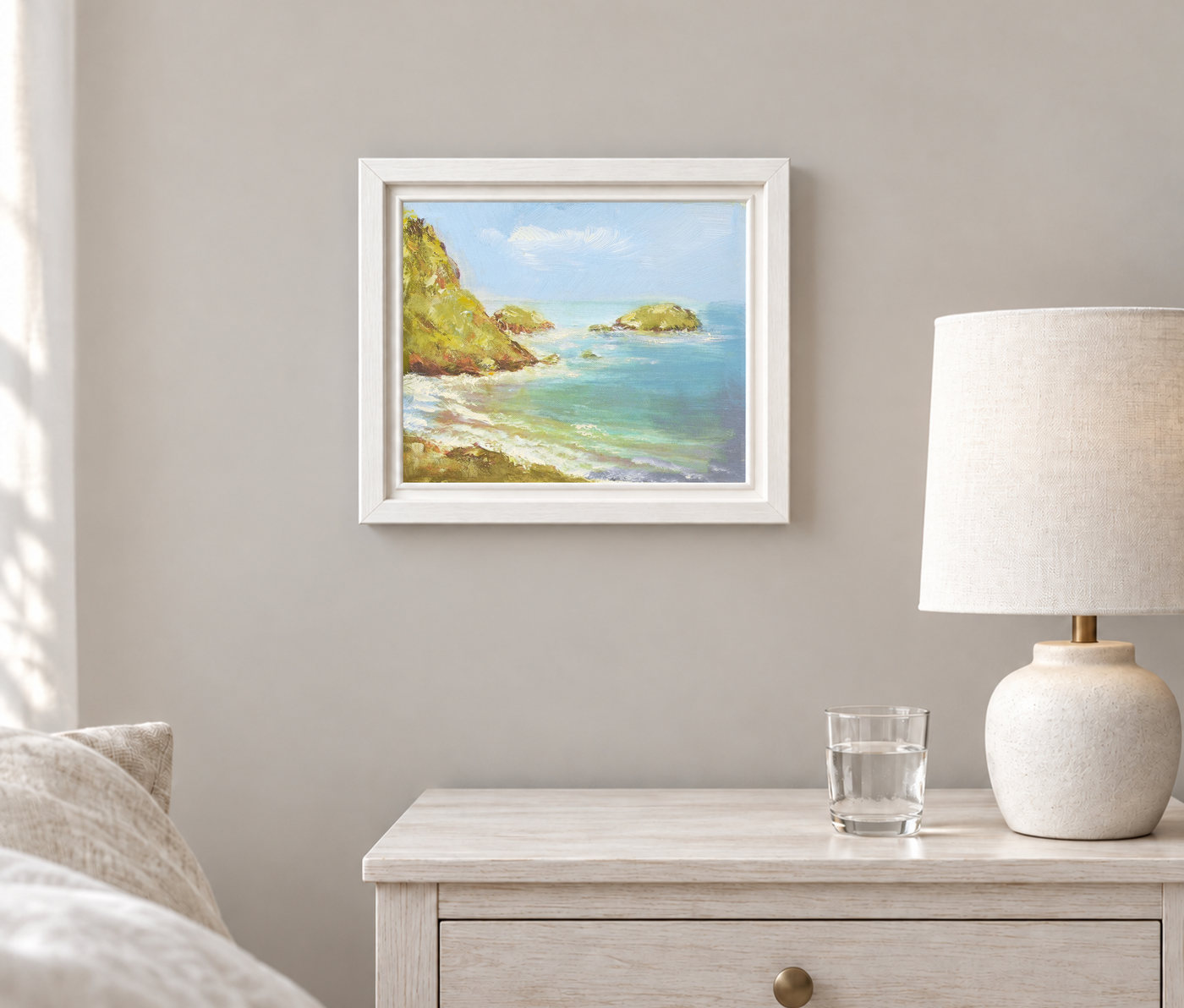 Blue Water and Rocky Cove Coastal Oil Painting