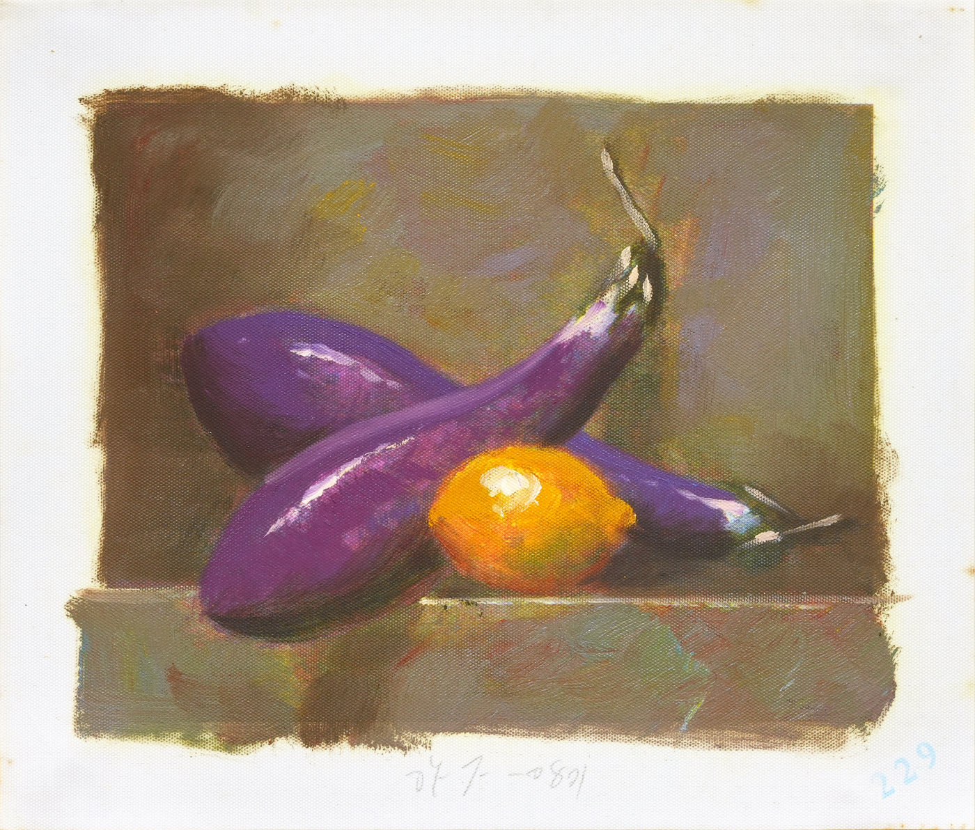 Eggplants and Lemon Still Life Oil Painting for a Kitchen