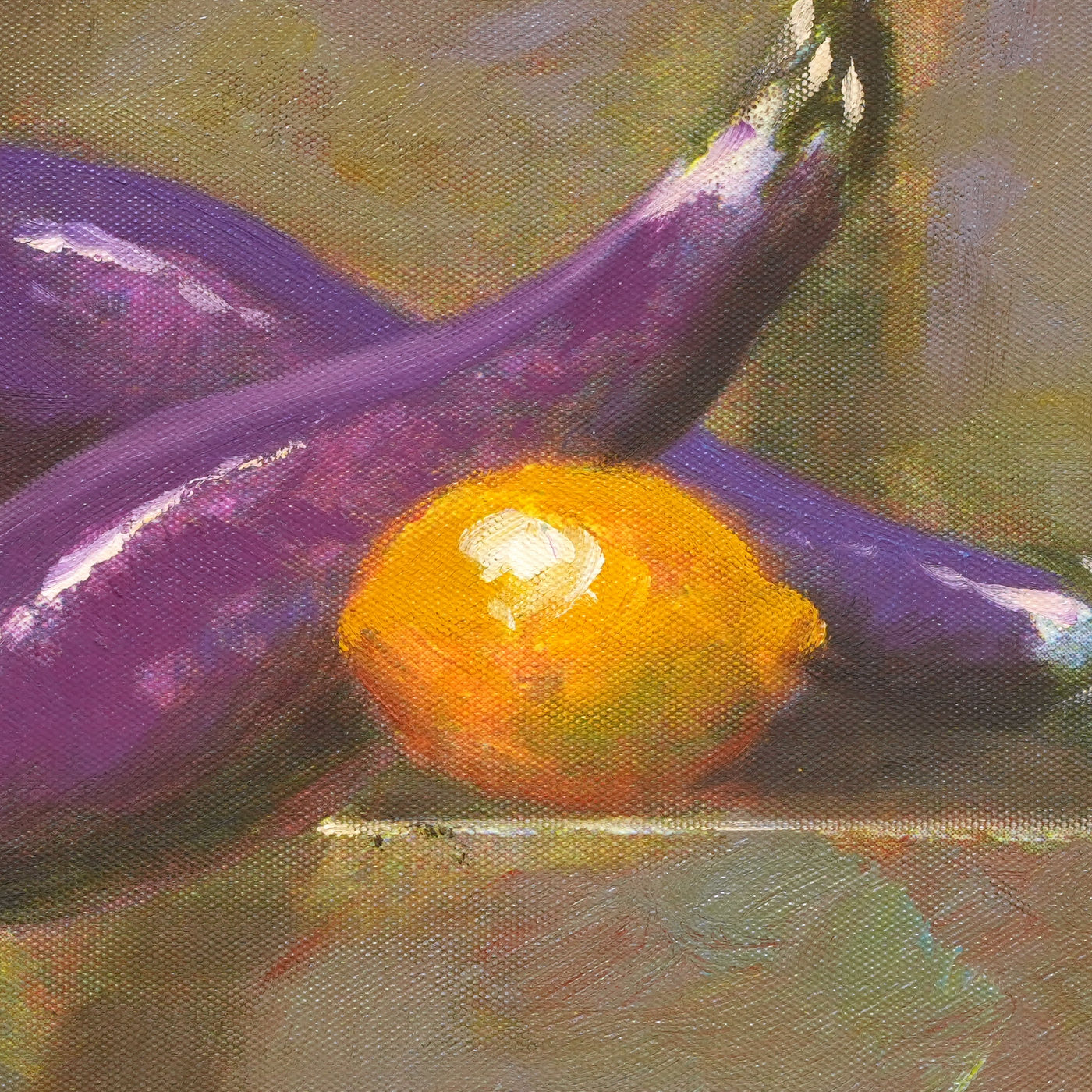 Eggplants and Lemon Still Life Oil Painting for a Kitchen - Brushwork detail
