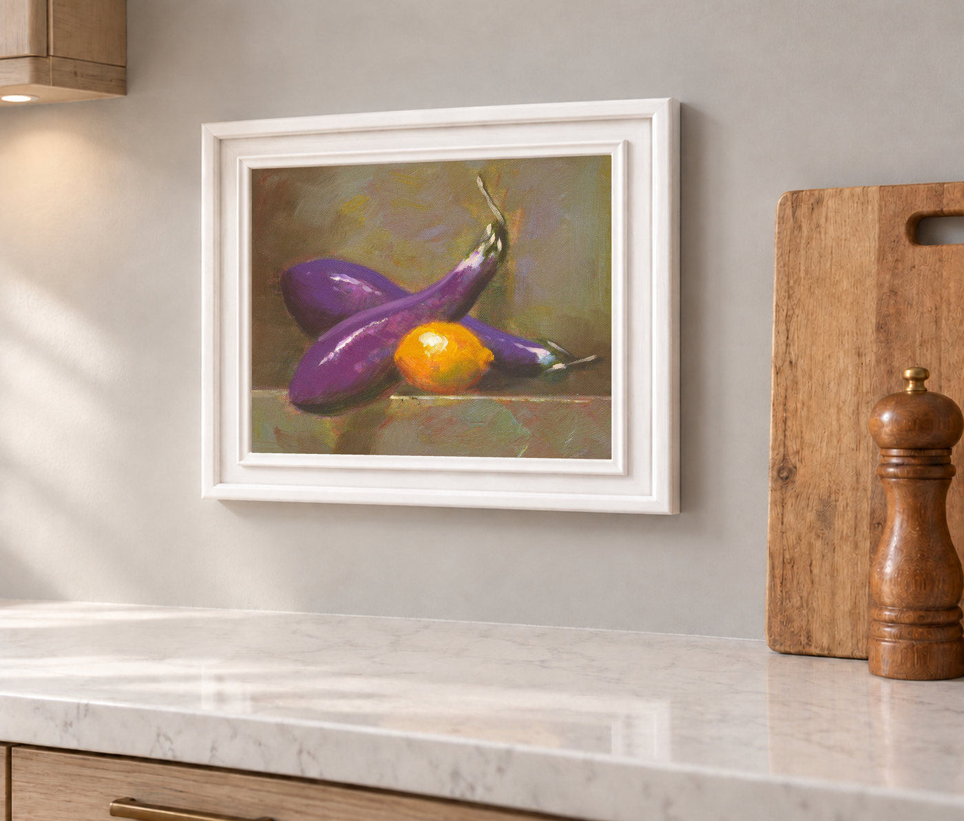 Eggplants and Lemon Still Life Oil Painting for a Kitchen