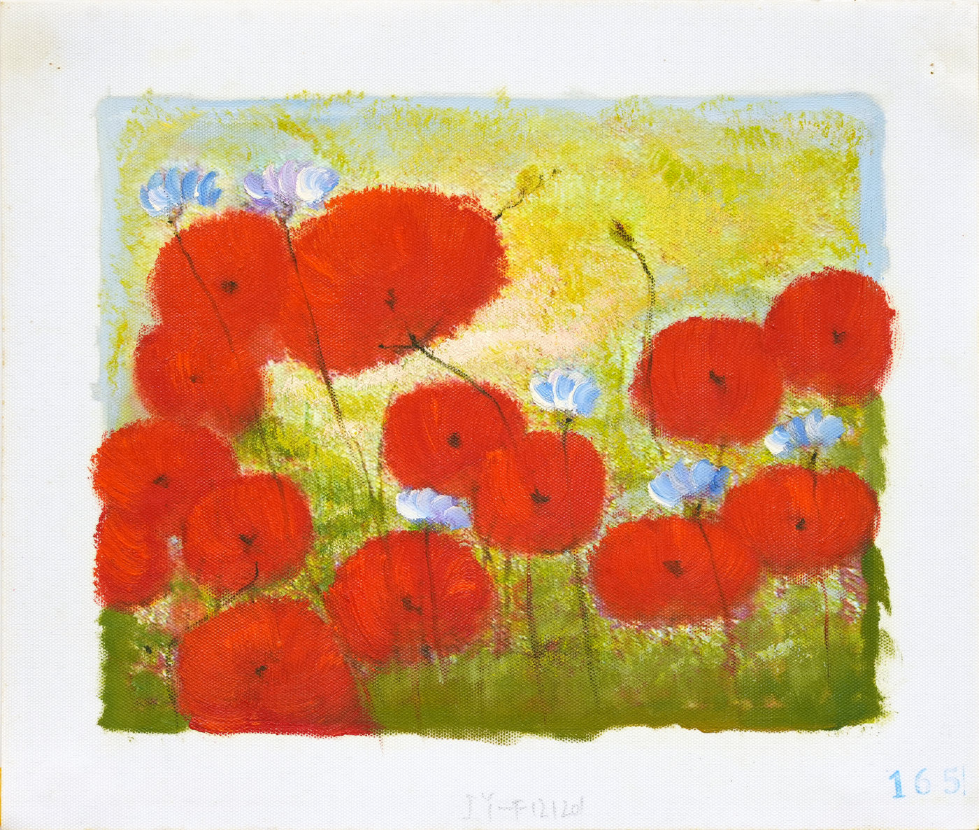 Red Poppy Floral Oil Painting with Blue Wildflowers