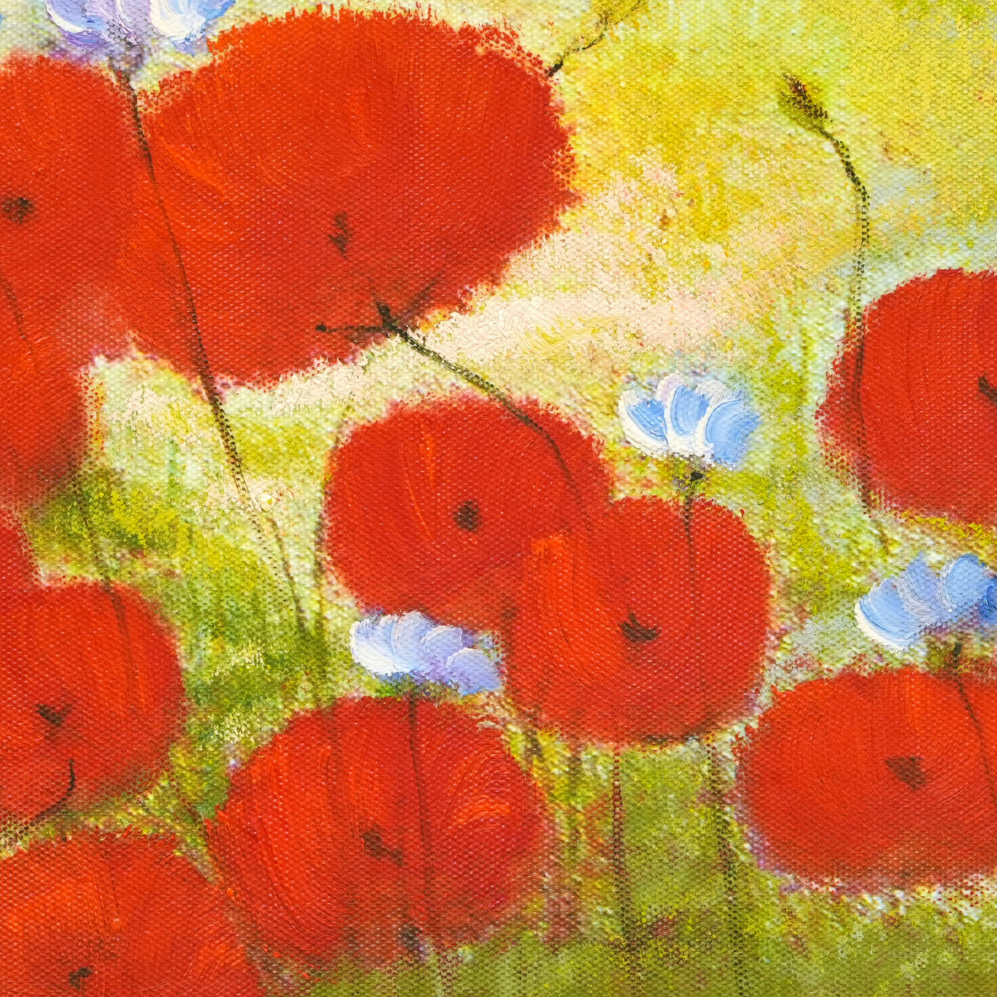Red Poppy Floral Oil Painting with Blue Wildflowers - Brushwork detail