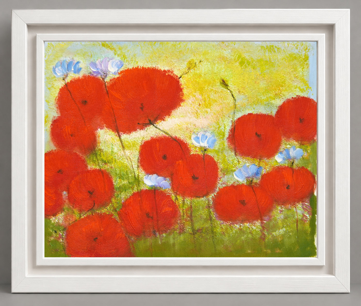 Red Poppy Floral Oil Painting with Blue Wildflowers - Frame example