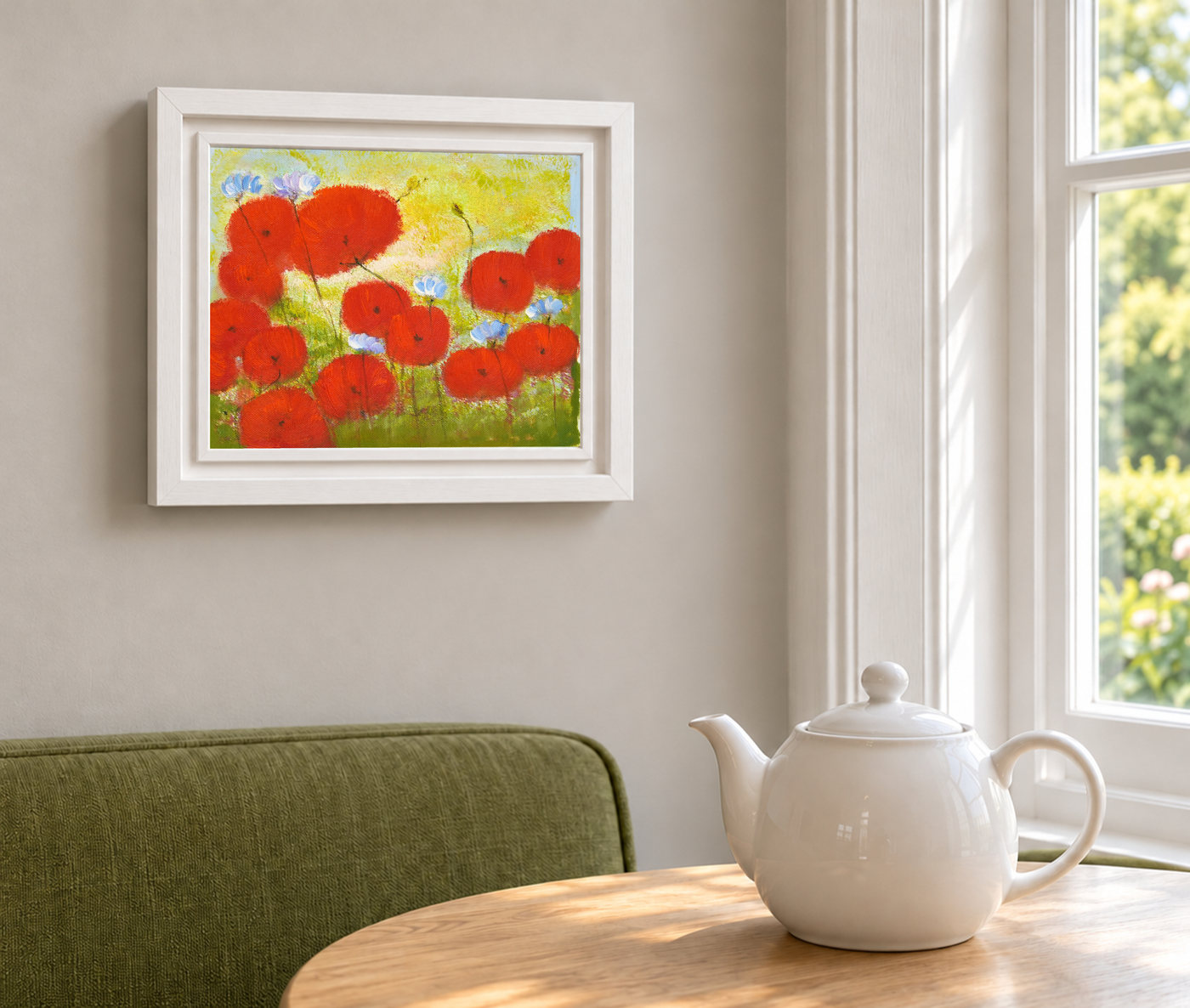 Red Poppy Floral Oil Painting with Blue Wildflowers