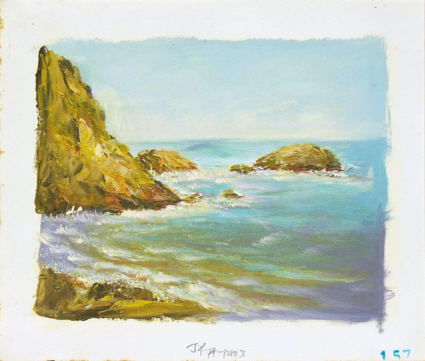 Rocky Headland and Turquoise Water Seascape Oil Painting