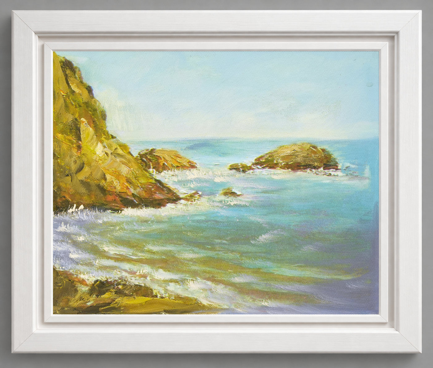 Rocky Headland and Turquoise Water Seascape Oil Painting - Frame example