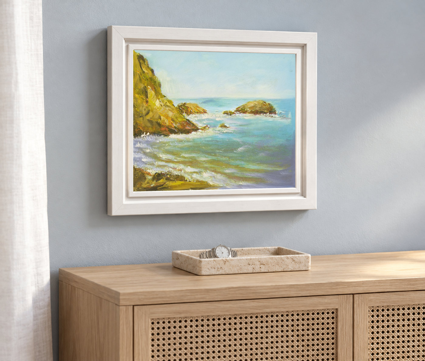 Rocky Headland and Turquoise Water Seascape Oil Painting