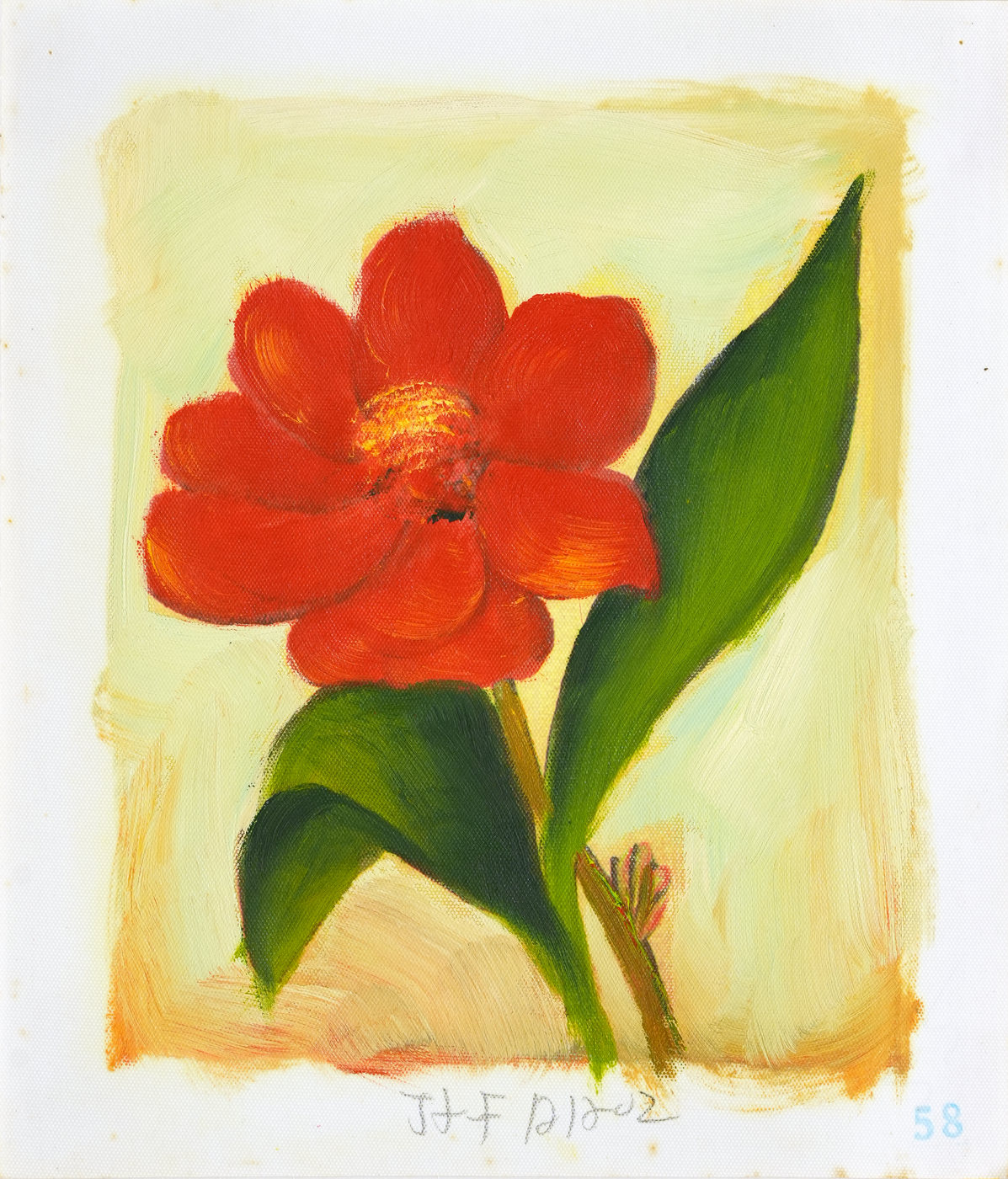 Red Flower and Green Leaves Botanical Oil Painting