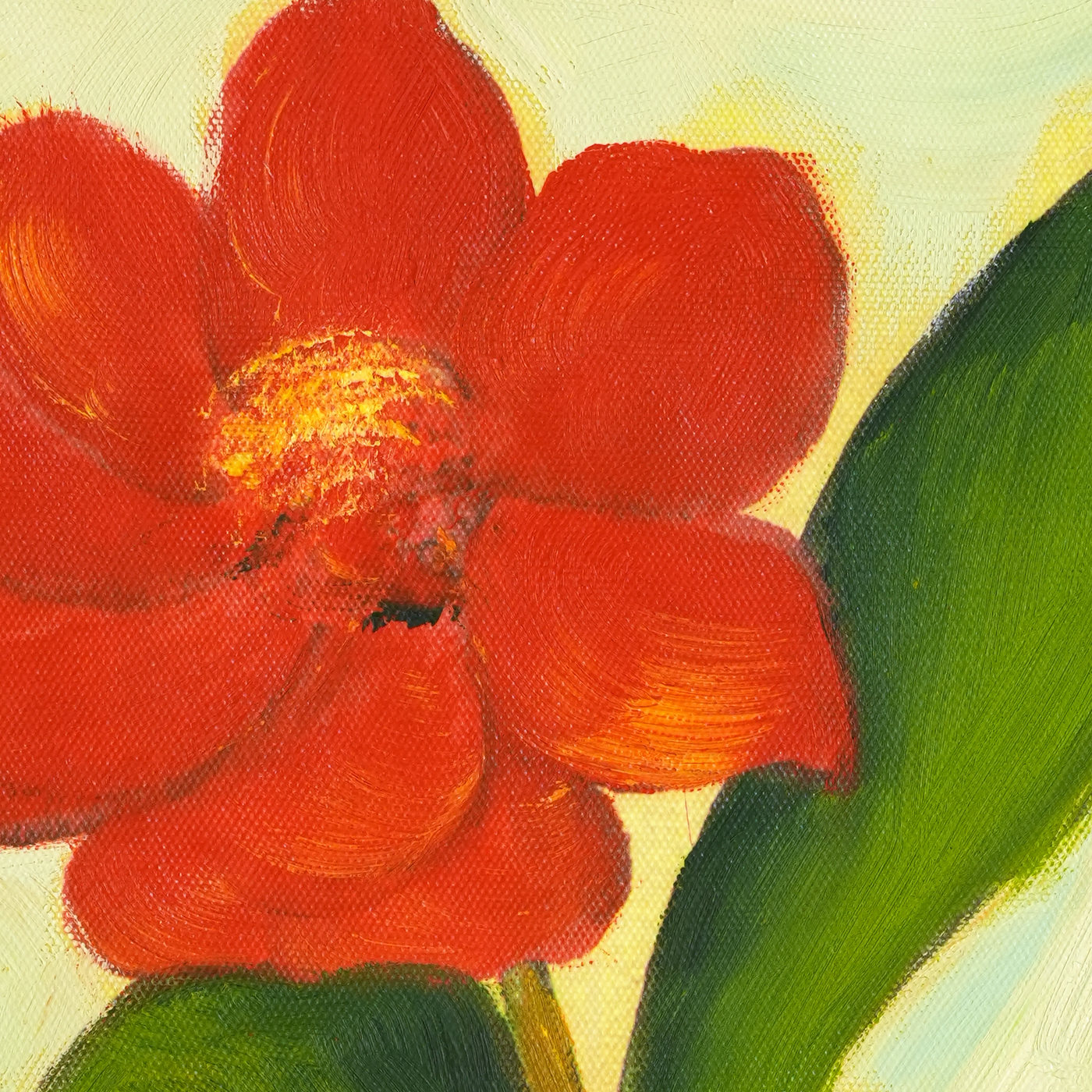 Red Flower and Green Leaves Botanical Oil Painting - Brushwork detail