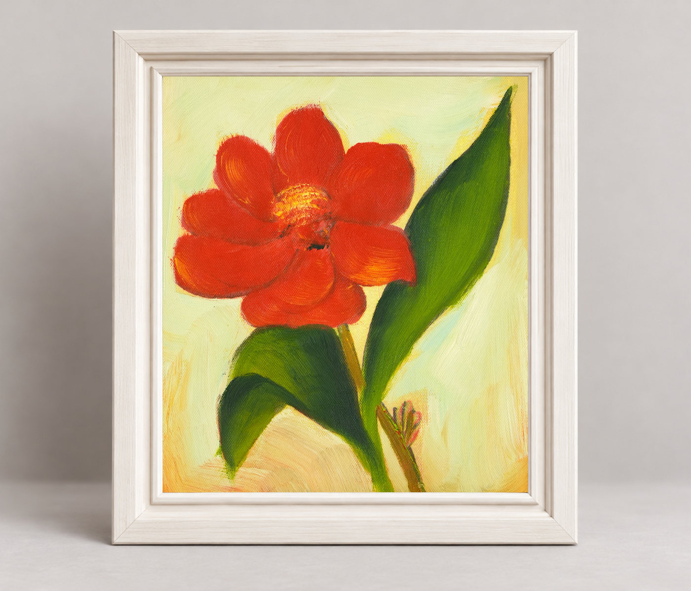 Red Flower and Green Leaves Botanical Oil Painting - Frame example