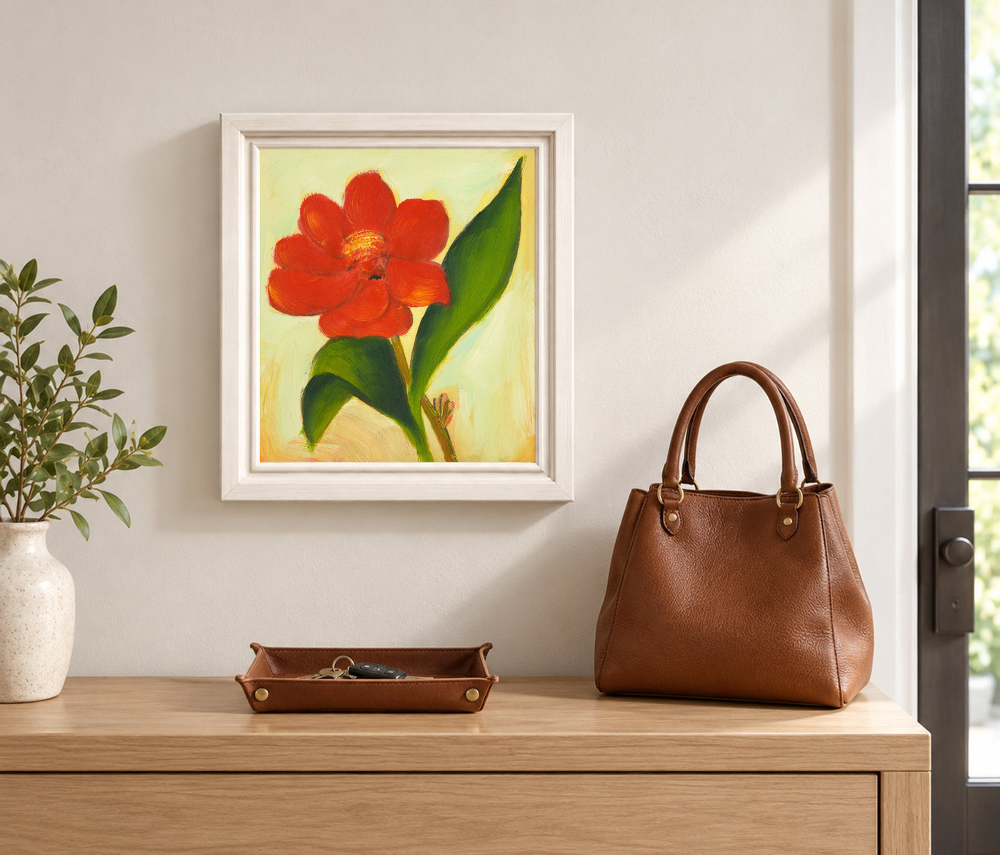 Red Flower and Green Leaves Botanical Oil Painting