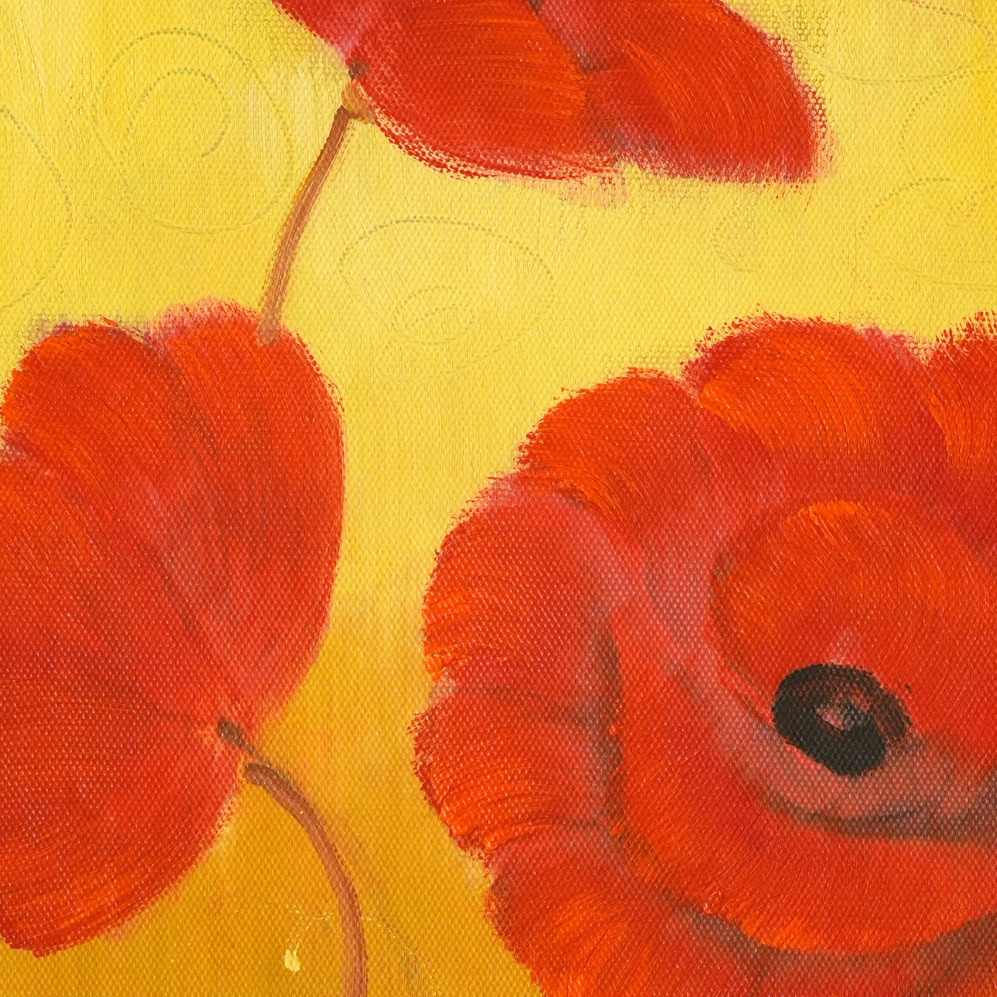 Three Red Poppies on Yellow Oil Painting - Brushwork detail