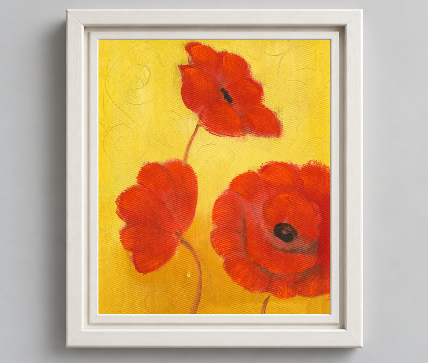 Three Red Poppies on Yellow Oil Painting - Frame example