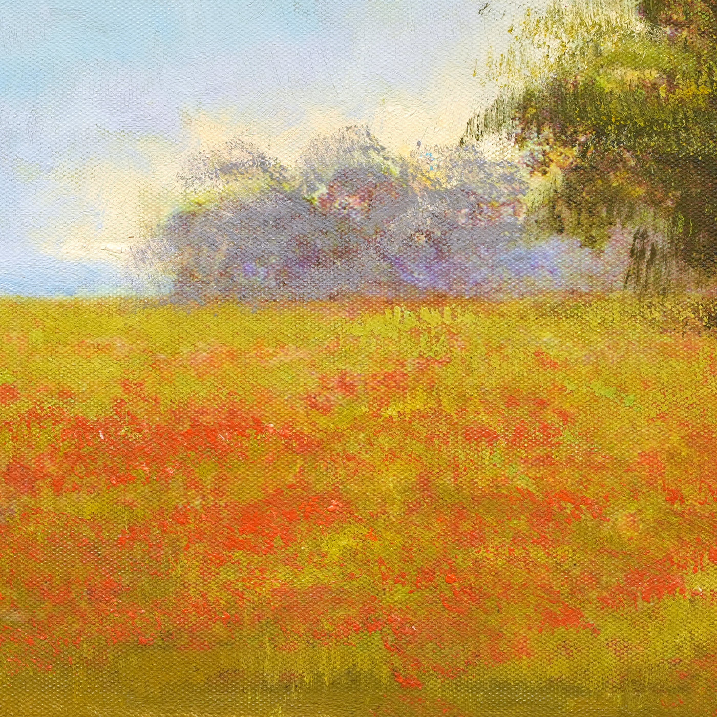 Red Flower Meadow and Open Sky Landscape Oil Painting - Brushwork detail