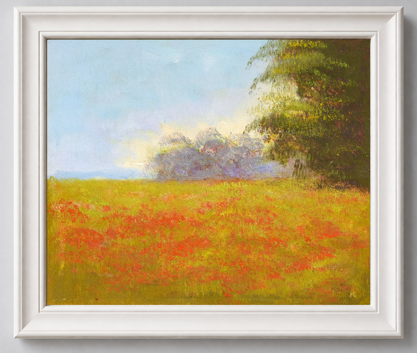 Red Flower Meadow and Open Sky Landscape Oil Painting - Frame example
