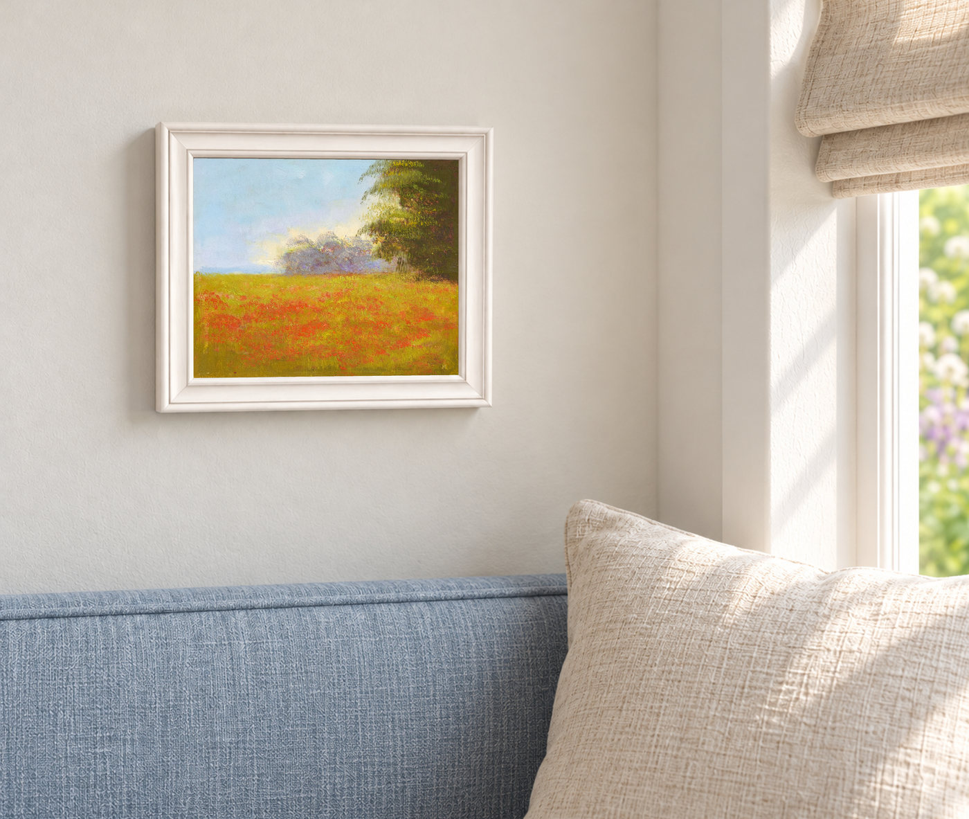 Red Flower Meadow and Open Sky Landscape Oil Painting