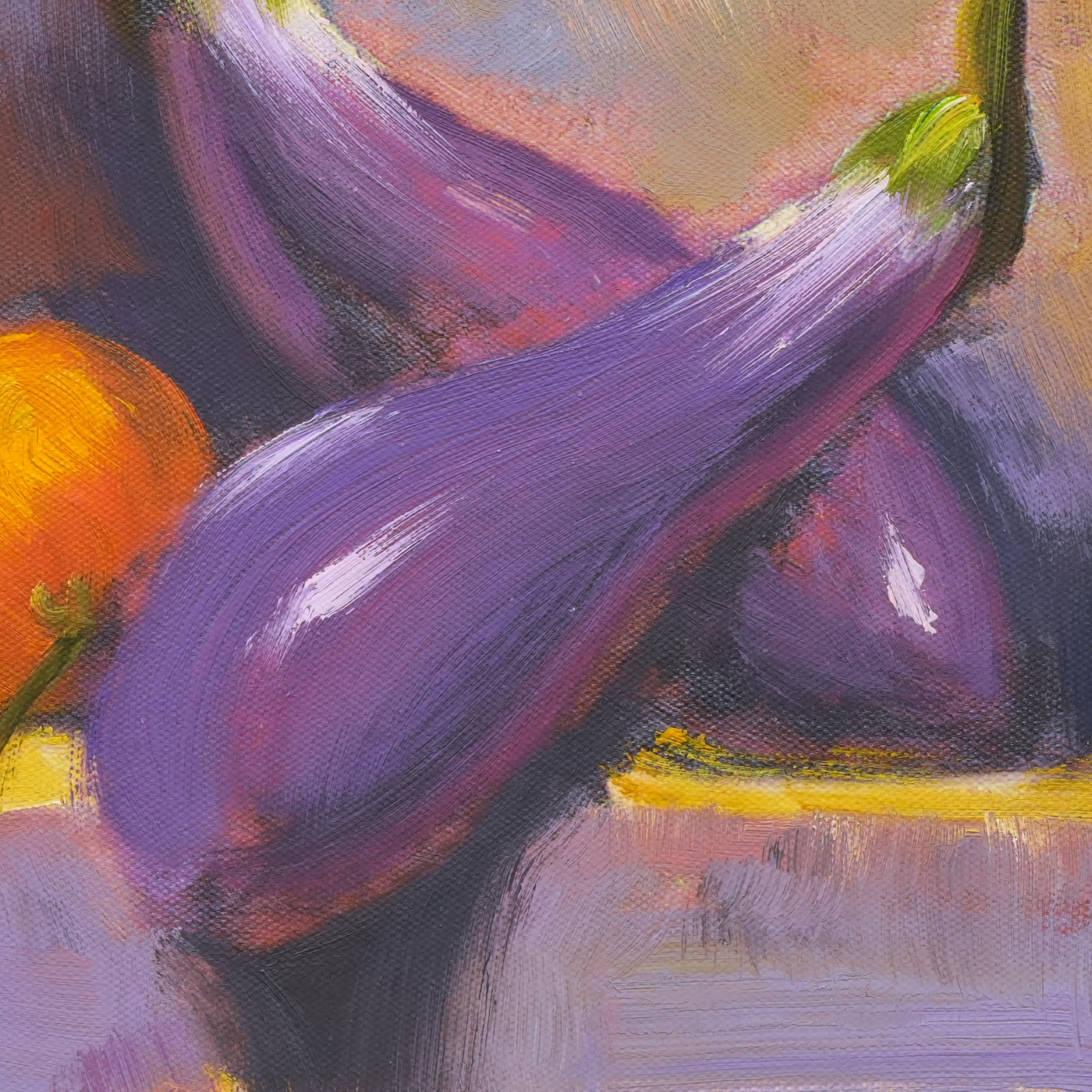 Eggplants and Orange Still Life Oil Painting - Brushwork detail