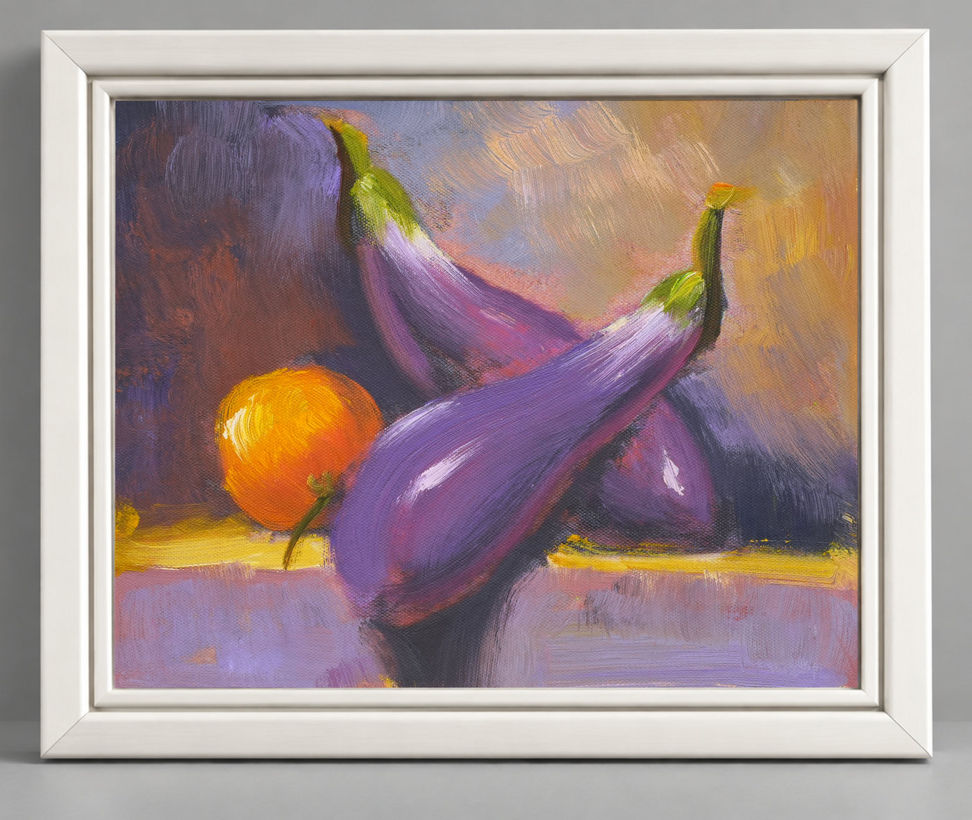 Eggplants and Orange Still Life Oil Painting - Frame example