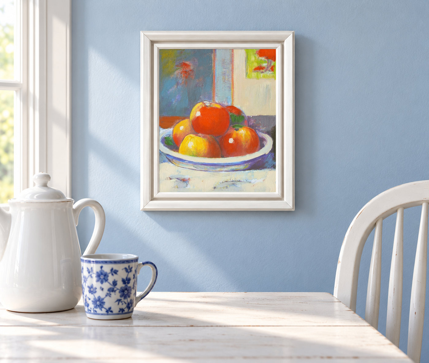 Fruit Still Life Oil Painting by a Blue Window