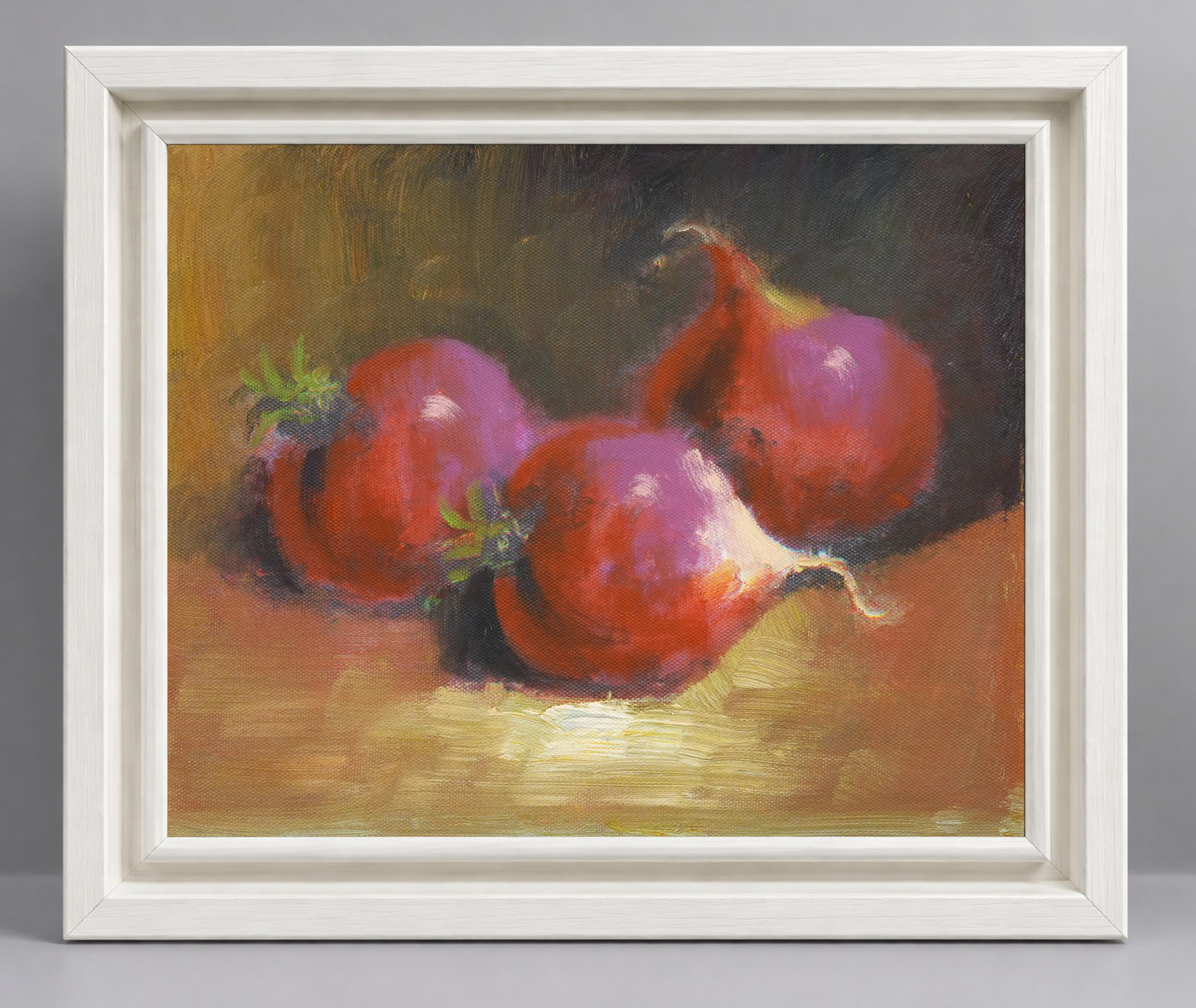Red Onion Still Life Oil Painting on Linen Cloth - Frame example