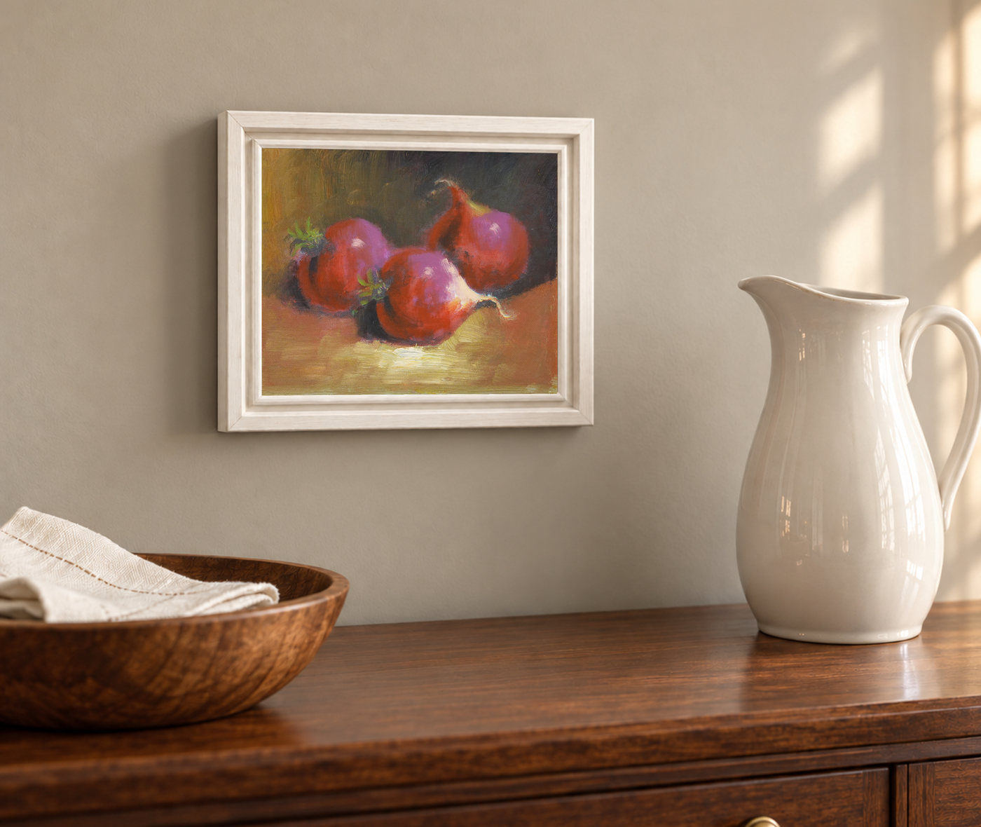 Red Onion Still Life Oil Painting on Linen Cloth