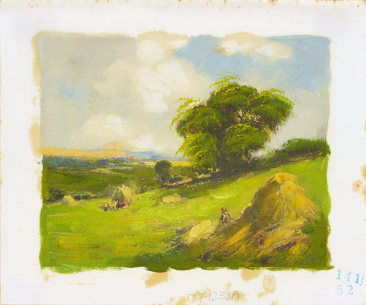 Green Hillside Landscape Oil Painting with Haystack
