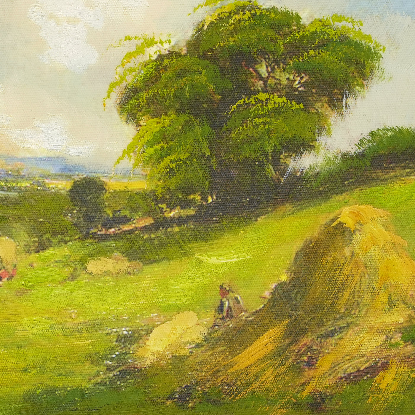 Green Hillside Landscape Oil Painting with Haystack - Brushwork detail