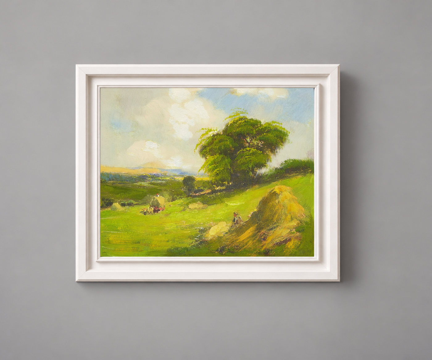 Green Hillside Landscape Oil Painting with Haystack - Frame example