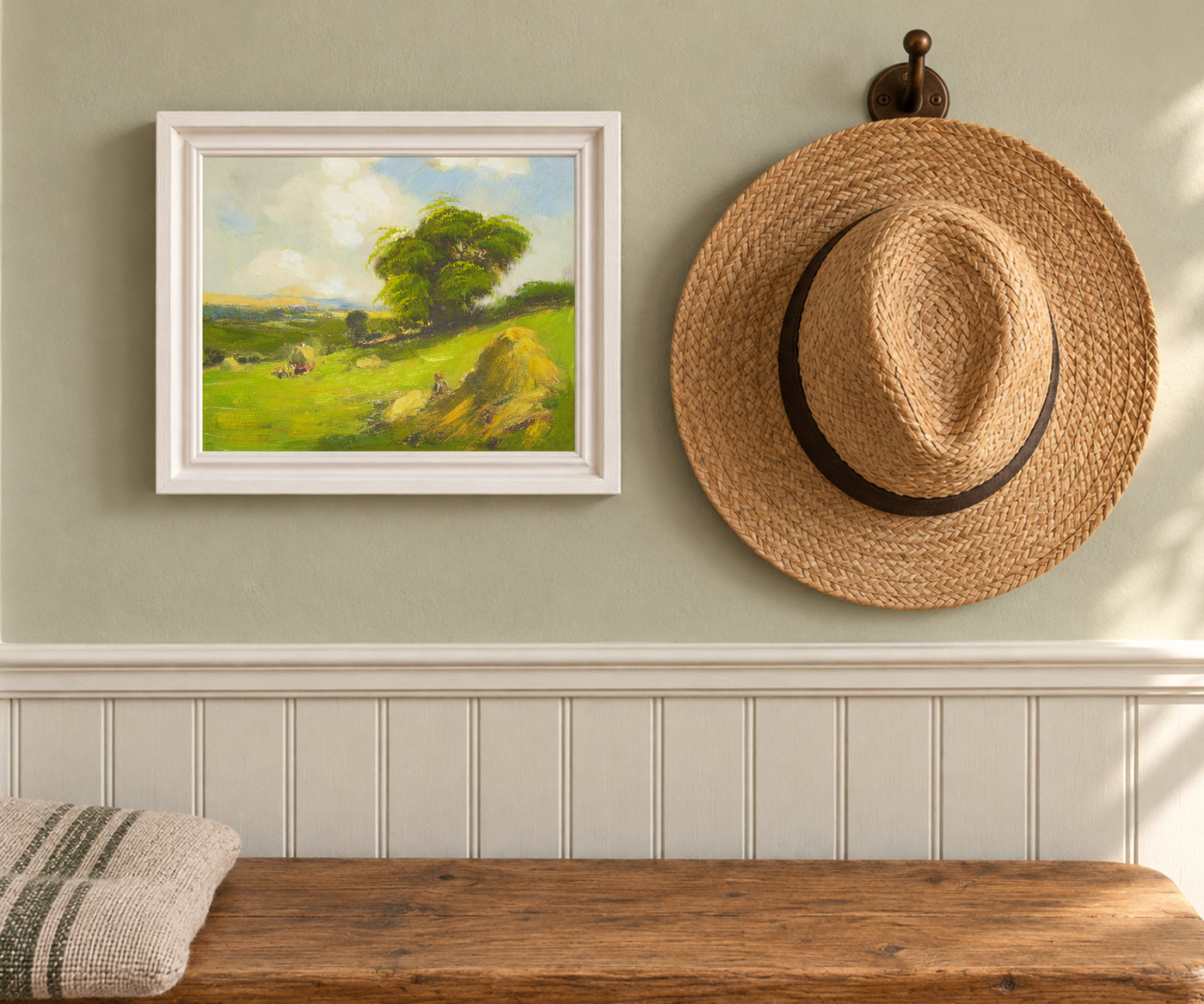 Green Hillside Landscape Oil Painting with Haystack
