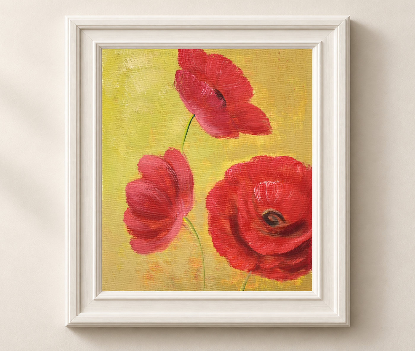 Scarlet Poppy Oil Painting on a Gold Background - Frame example