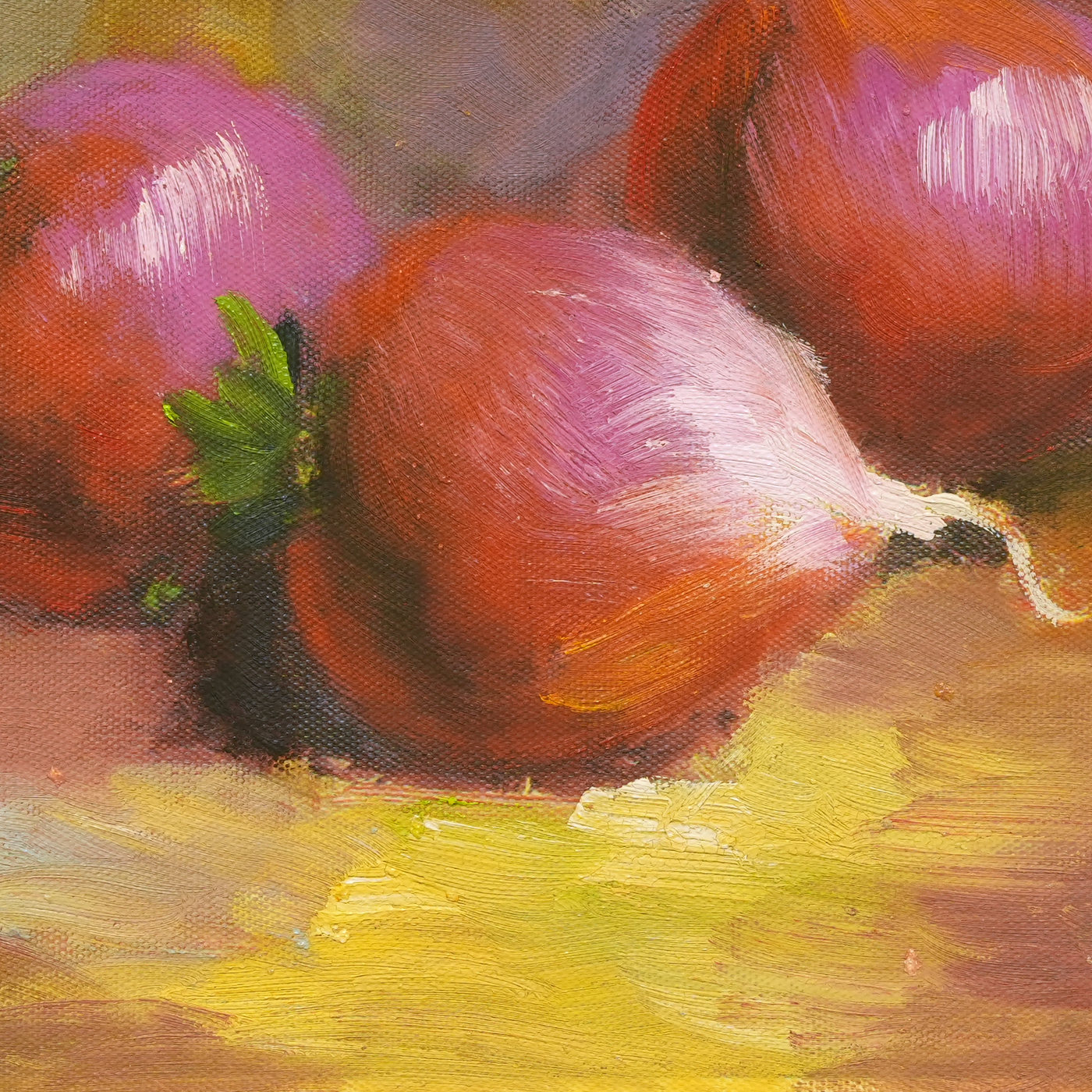 Three Red Onions Still Life Oil Painting - Brushwork detail