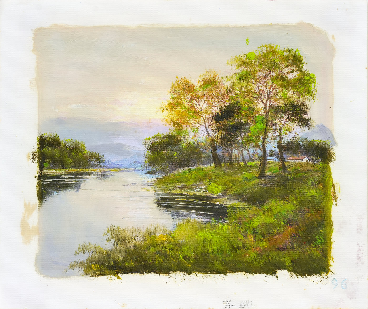 Lakeside Landscape Oil Painting with Trees